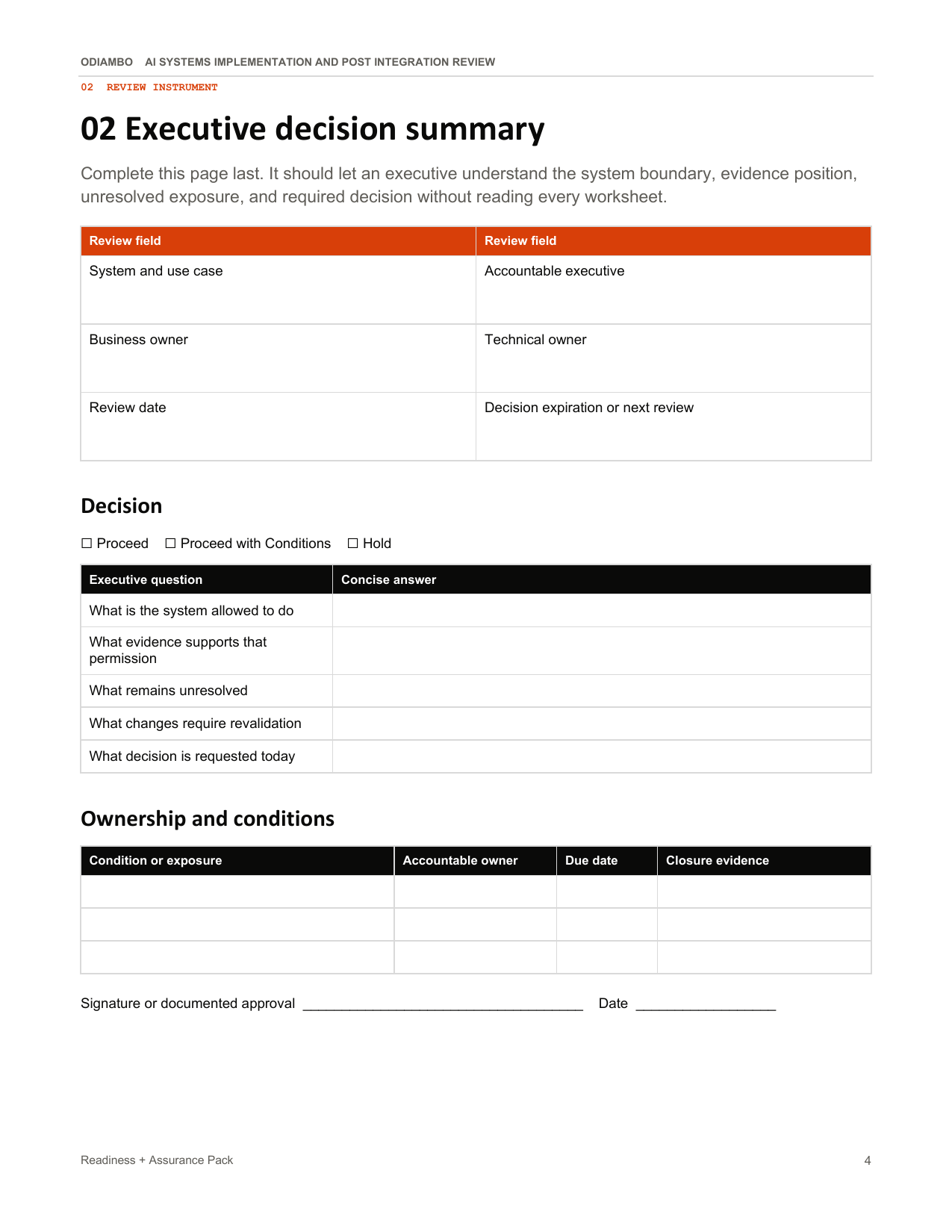 Preview page showing the product's executive review structure